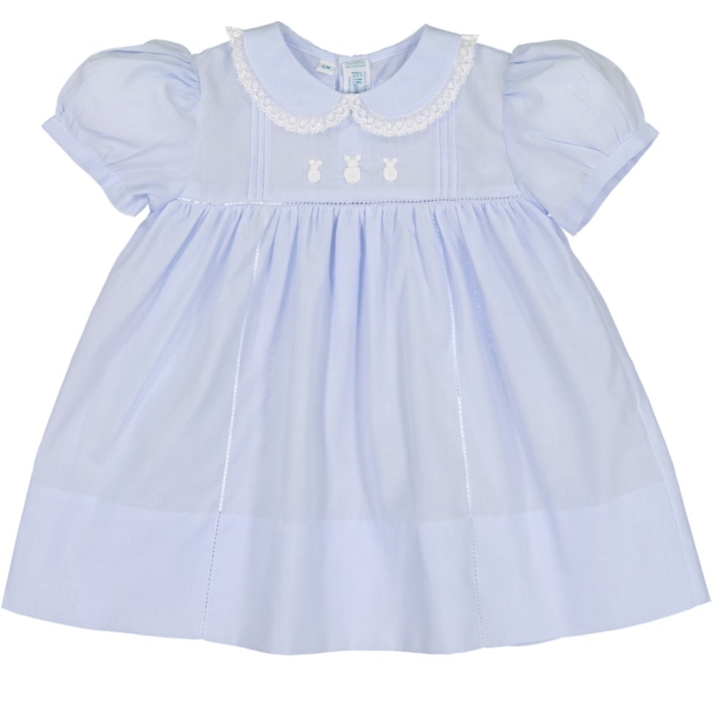 NWT - Feltman Brothers Baby Girl Dress - Blue with Embroidered Bunny Details, 9M
